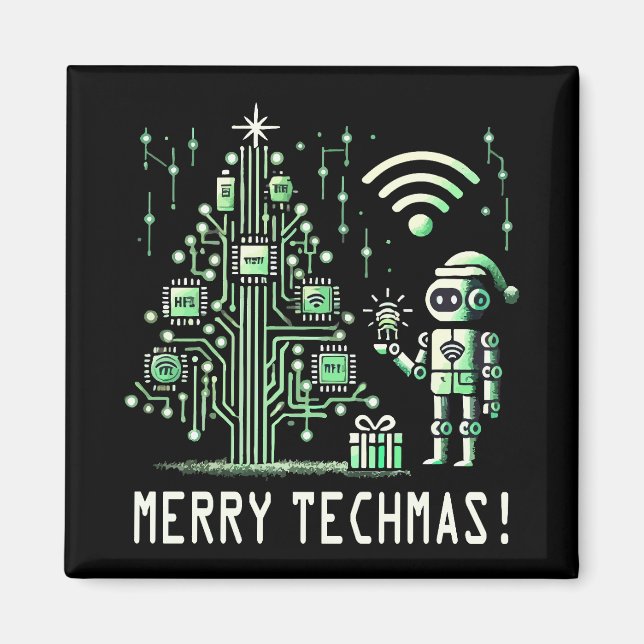 AI Robot with Tech Christmas Tree – Merry Techmas Magnet (Front)
