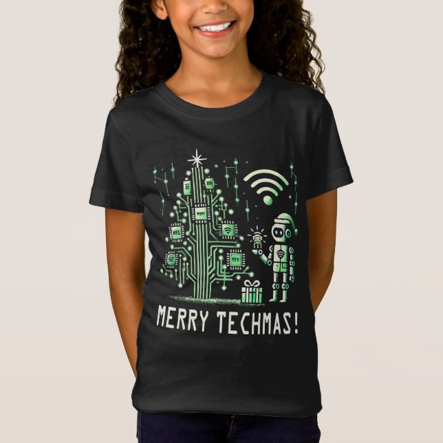 AI Robot with Tech Christmas Tree – Merry Techmas T-Shirt (Front)