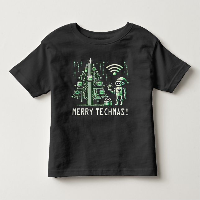 AI Robot with Tech Christmas Tree – Merry Techmas Toddler T-Shirt (Front)