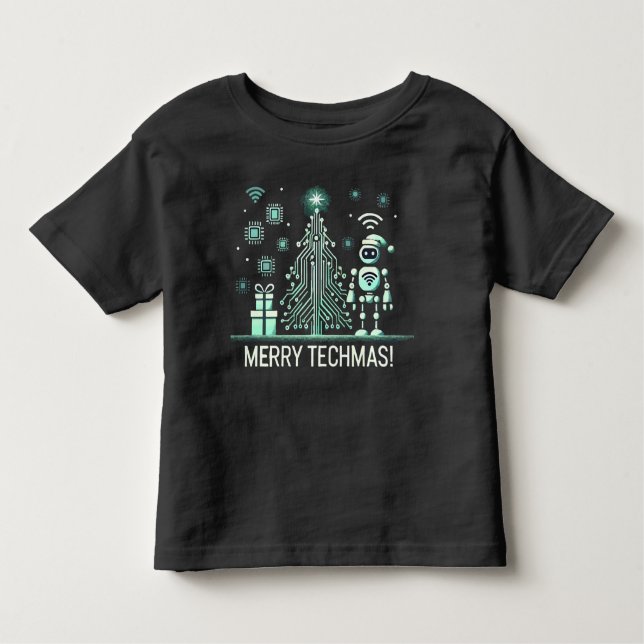 AI Robot with Tech Christmas Tree – Merry Techmas Toddler T-Shirt (Front)