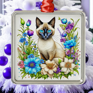 Ai Watercolor Siamese Cat in Flowers  Metal Tree Decoration