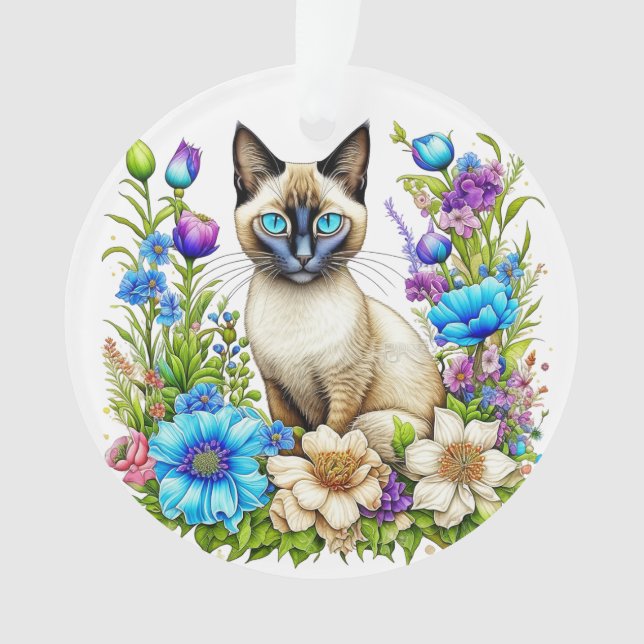 Ai Watercolor Siamese Cat in Flowers  Ornament (Front)