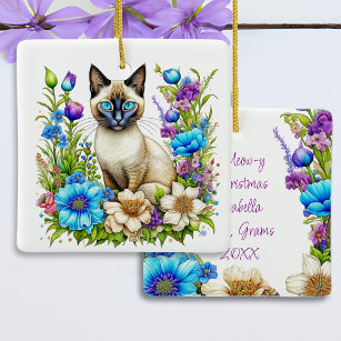 Ai Watercolor Siamese Cat in Flowers Personalised Ceramic Ornament