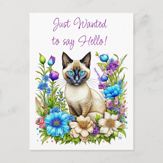 Ai Watercolor Siamese Cat in Flowers Postcard (Front)