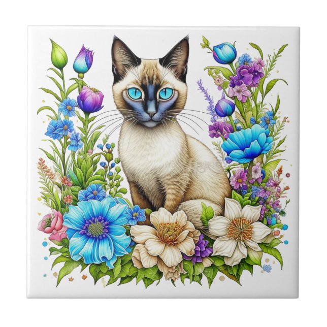 Ai Watercolor Siamese Cat in Flowers Tile (Front)