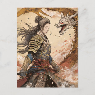 AI woman samurai and dragon Postcard