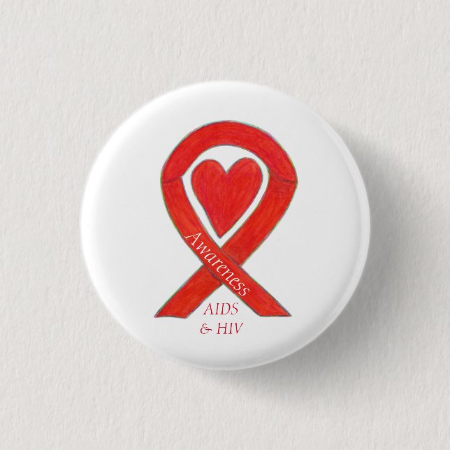 AIDS and HIV Awareness Heart Ribbon Customised Pin (Front)