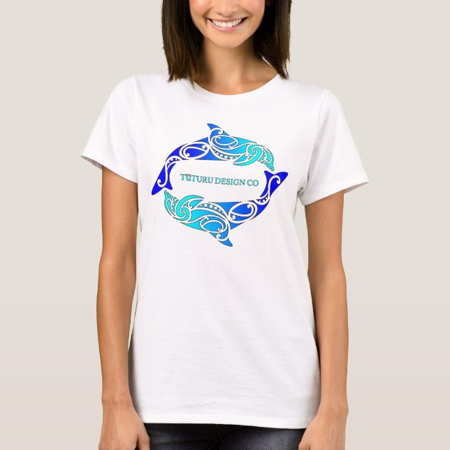Aihe (Dolphins) Tee or Hoodie - Blue on white (Front)