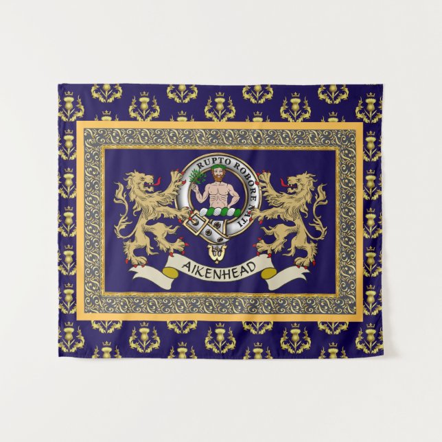 Aikenhead Clan Badge Personalised Blue Tapestry (Front (Horizontal))