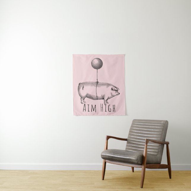 Aim High Cute Pig and Balloon Inspirational Tapestry (In Situ)