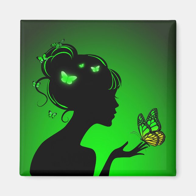 Aimant La femme papillons verts Magnet (Front)