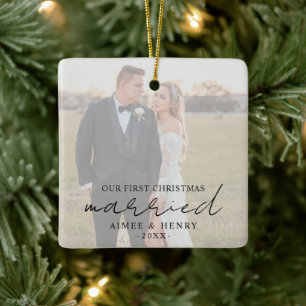 Aimee Rustic Script Modern Newlywed Ceramic Ornament