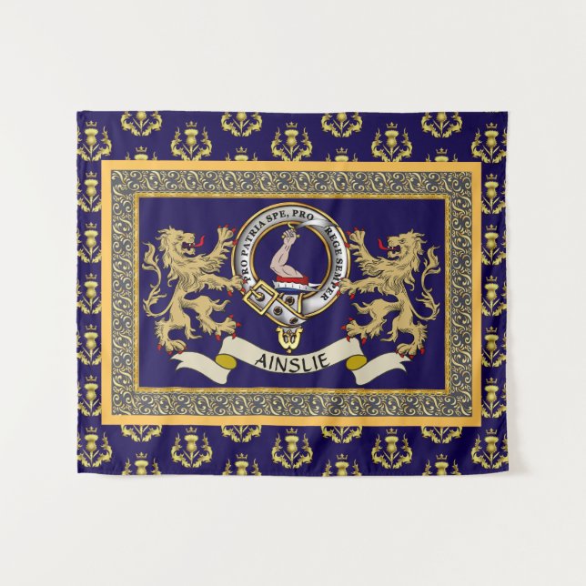 Ainslie Clan Badge Personalised Blue Tapestry (Front (Horizontal))