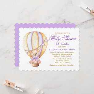 Air Balloon Bear Purple Gold Baby Shower by Mail Invitation