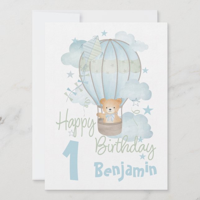 Air Balloon with Teddy blue Birthday postcard (Front)
