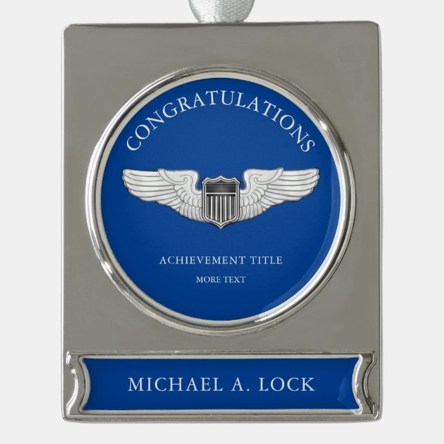 Air Force Pilot Wings Custom Text Silver Plated Banner Ornament (Front)