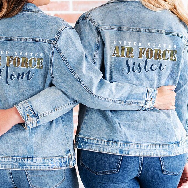 Air Force Sister Gift I Military Camouflage USAF  Denim Jacket (Matching military family Air Force proud Sister  camouflage trendy denim jacket gift BMT graduation)
