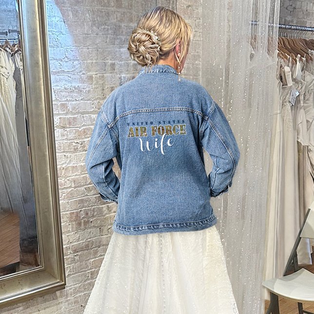 Air Force Wife Wedding Gift I Military Camouflage Denim Jacket (women's United States Air Force Wife wedding camouflage denim jean jacket, USAF Bride, trendy, gift)