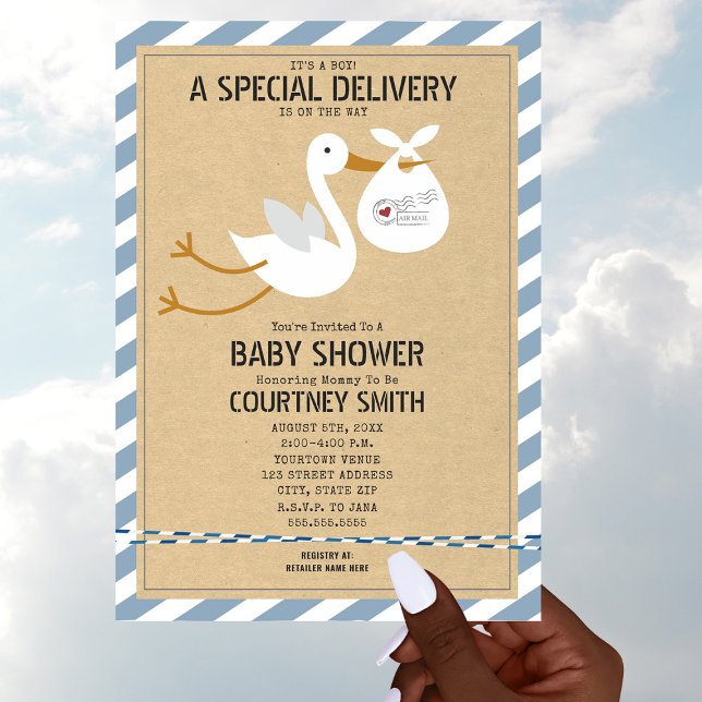Air Mail Special Delivery Stork Boy Baby Shower Invitation (Creator Uploaded)