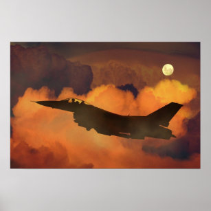 Air Plane Fighter F-16 Night Sky Moon Clouds Poster