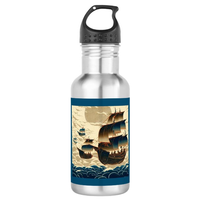 Air Ships Sailing Above Clouds - Woodcut 2 532 Ml Water Bottle (Front)