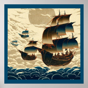 Air Ships Sailing Above Clouds - Woodcut 2 Poster