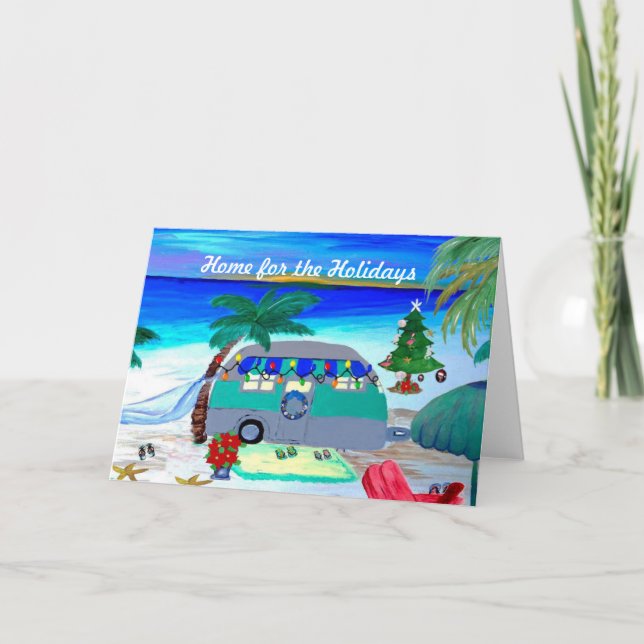 Air stream camper by beach Christmas cards (Front)
