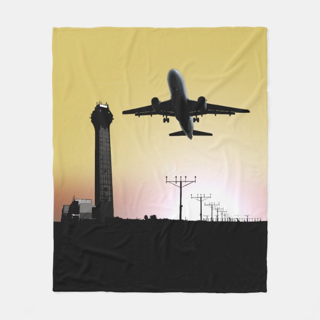 Air Traffic Control Tower & Plane Fleece Blanket (Front)
