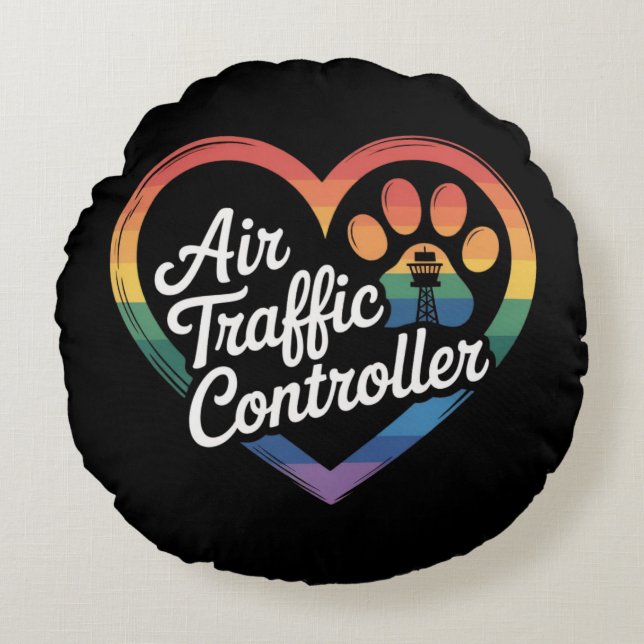 Air Traffic Controller Rainbow Heart Round Cushion (Front)