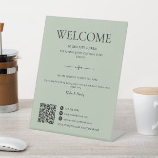 Airbnb Welcome Vacation House Rental QR Code Sage Pedestal Sign