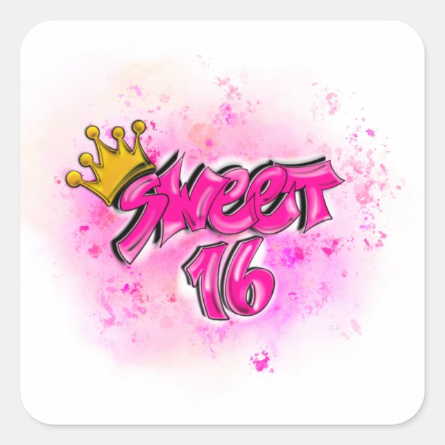 Airbrush Sweet 16 Pink Stickers Birthday Party  (Front)
