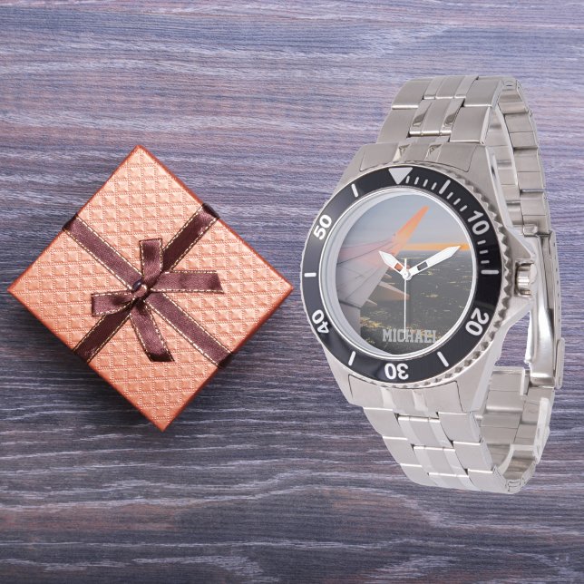 aircarft wing photo of sunrise,personalised watch (Creator Uploaded)