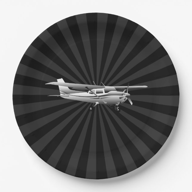 Aircraft Cessna Silhouette Flying Black Sunburst Paper Plate (Front)