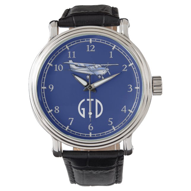 Aircraft  Chrome Cessna Flying Monogram on Blue Watch (Front)