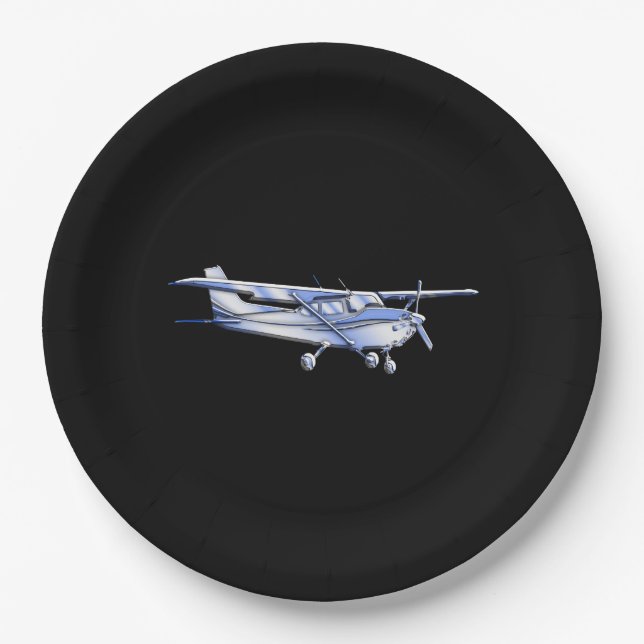 Aircraft Classic Cessna Silhouette Flying on Black Paper Plate (Front)