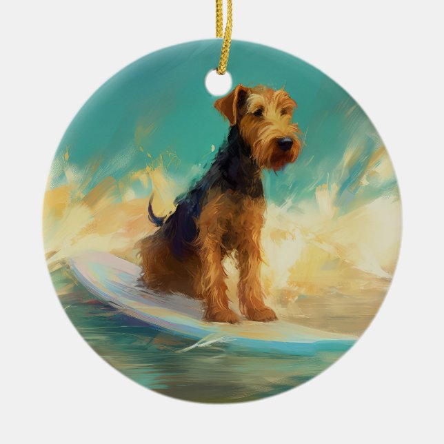 Airedale Beach Surfing Painting  Ceramic Tree Decoration (Front)