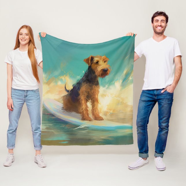 Airedale Beach Surfing Painting  Fleece Blanket (In Situ)