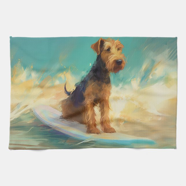 Airedale Beach Surfing Painting  Tea Towel (Horizontal)