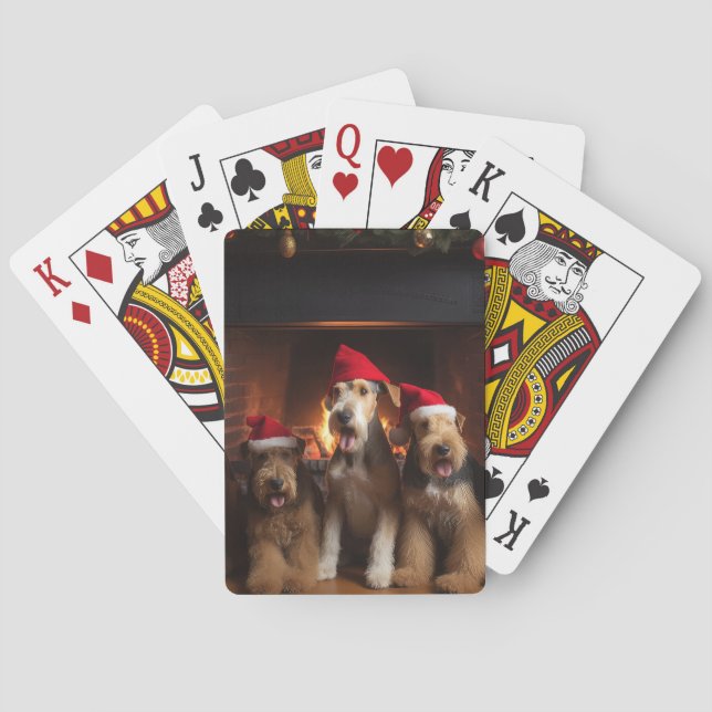 Airedale by the Fireplace Christmas  Playing Cards (Back)