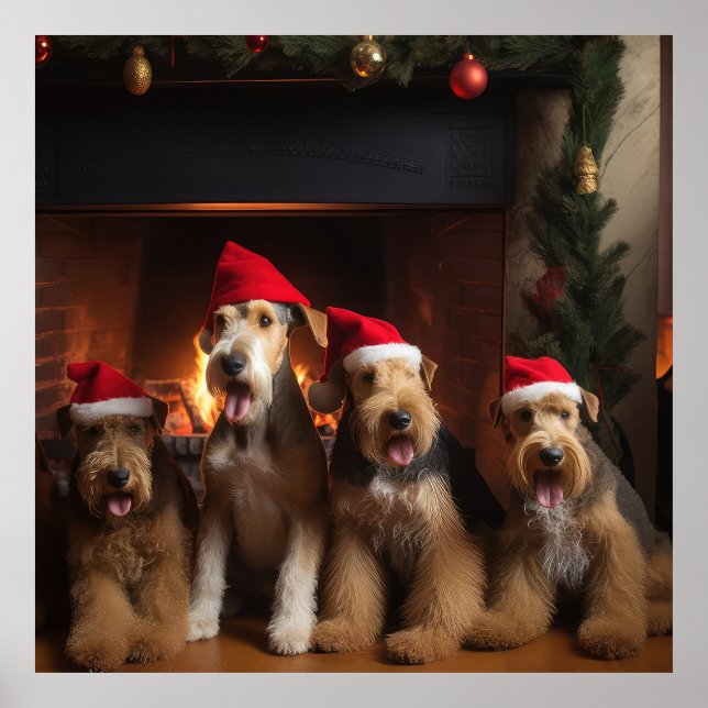Airedale by the Fireplace Christmas  Poster (Front)