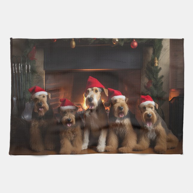 Airedale by the Fireplace Christmas  Tea Towel (Horizontal)