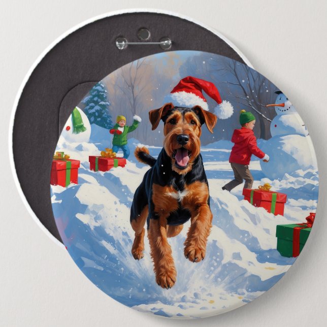 Airedale Christmas Festive Snow Scene 6 Cm Round Badge (Front & Back)