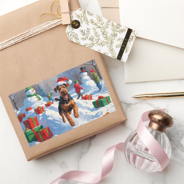 Airedale Christmas Festive Snow Scene Rectangular Sticker (Gifting)