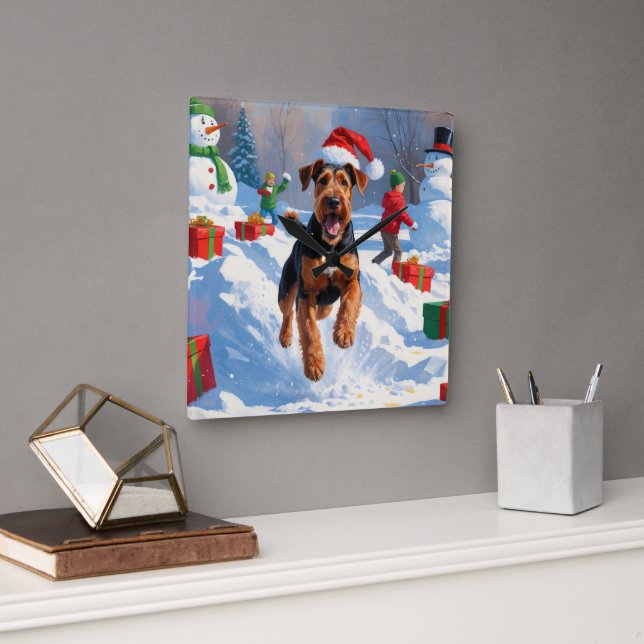 Airedale Christmas Festive Snow Scene Square Wall Clock (Office)