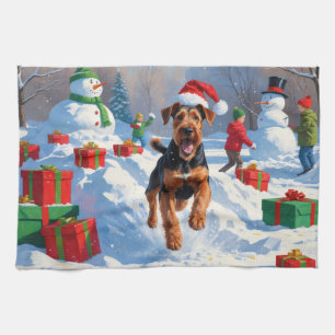 Airedale Christmas Festive Snow Scene Tea Towel