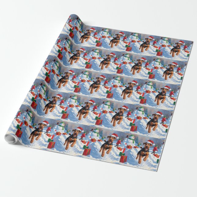 Airedale Christmas Festive Snow Scene Wrapping Paper (Unrolled)