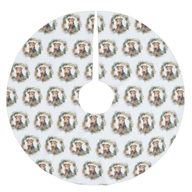 Airedale Christmas Wreath Festive Pup  Brushed Polyester Tree Skirt (Front)