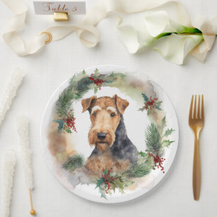 Airedale Christmas Wreath Festive Pup Paper Plate
