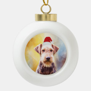 Airedale Dog Christmas Santa Hat Art Portrait Ceramic Ball Christmas Ornament