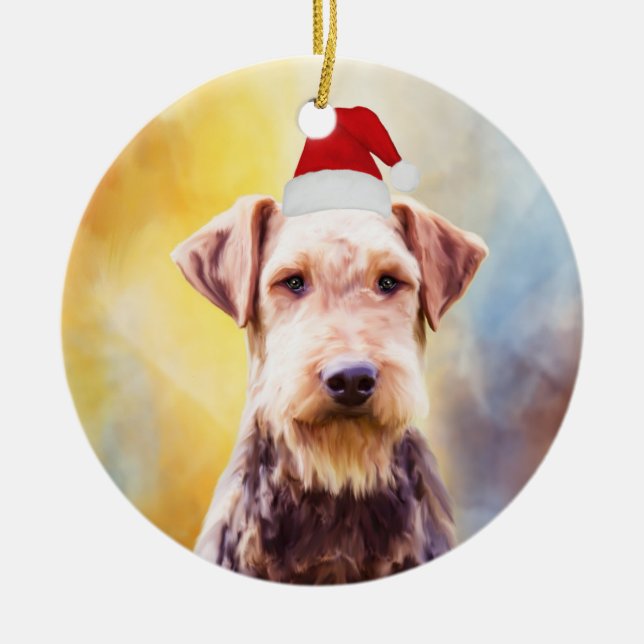 Airedale Dog Christmas Santa Hat Art Portrait Ceramic Tree Decoration (Front)
